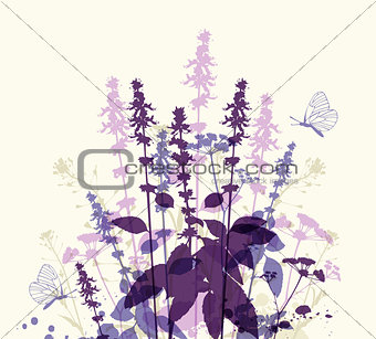 Violet flowers and butterfly