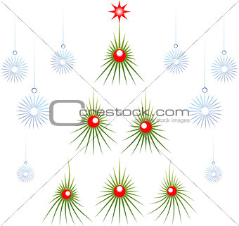 Set of abstract green Christmas tree with red balls and snowflakes. EPS10 vector illustration