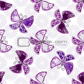 Seamless floral pattern with violet butterflies 