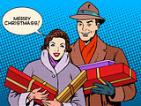 Merry Christmas man and woman with holiday shopping