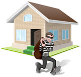 Robber in mask carries bag. Thief robs house. Property insurance