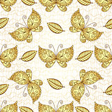 Seamless white pattern with gold butterflies