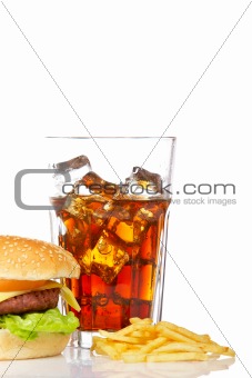 Cheeseburger, soda and french fries