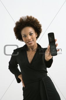 Woman holding out cellphone