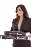 shot of a woman in business suit carrying pizzas