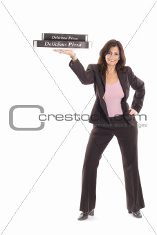 shot of a happy woman in business suit holding pizzas