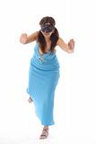 shot of a masked woman holding arms out