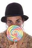 shot of a woman with huge lollipop 