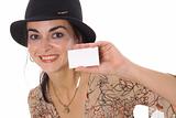 shot of a woman showing business card