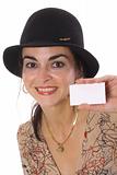 shot of a woman showing business card vertical