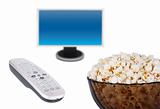 Popcorn bowl, remote control and a screen