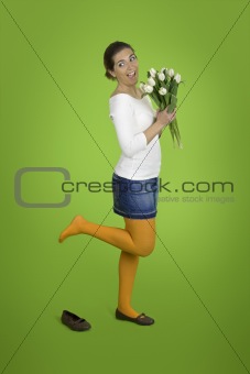 Happy girl with tulips
