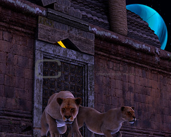 Guardian Lions of an ancient fantasy temple