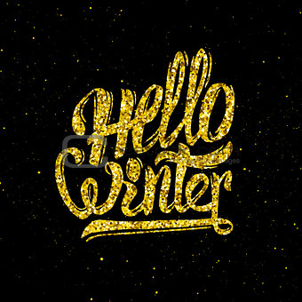 Hello winter gold glittering lettering design 
