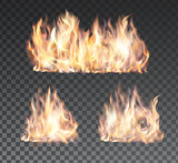 Set of realistic fire flames on transparent background