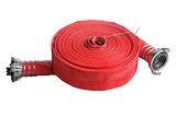 rolled up red fire hose  extension soft pipe on white