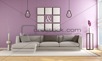 Contemporary living room with lilla wall