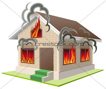 Stone house burns. Property insurance against fire. Home insurance