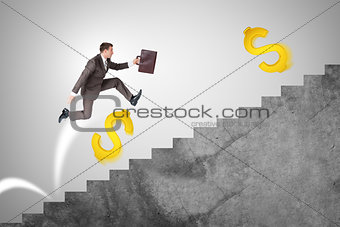 Man running up stairs with gold dollar signs