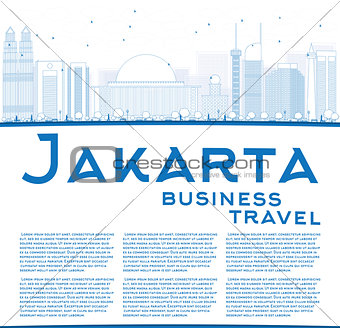 Outline Jakarta skyline with blue landmarks and copy space. 