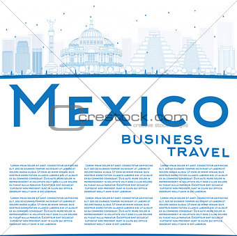 Outline Mexico skyline with blue landmarks and copy space. 
