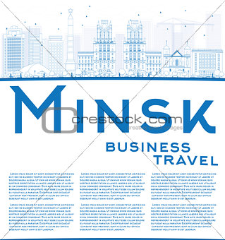 Outline Minsk skyline with blue buildings and copy space. 