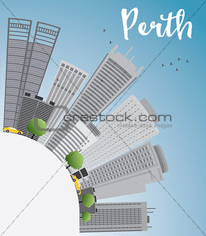 Perth skyline with grey buildings, blue sky and copy space.