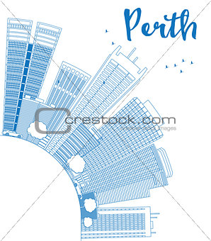 Outline Perth skyline with blue buildings and copy space.