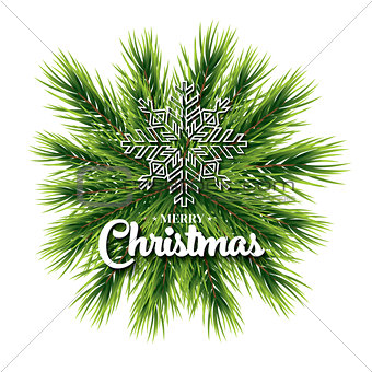 Merry Christmas lettering card with pine branch and snowflake. 