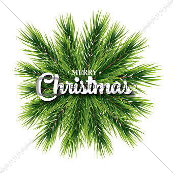 Merry Christmas lettering card with pine branch. 