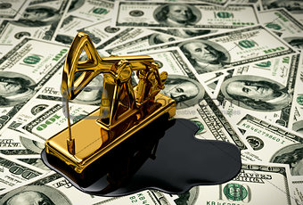 Golden Pumpjack And Spilled Oil On The Money