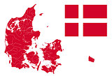 Map of Denmark with lakes and rivers and Danish flag.