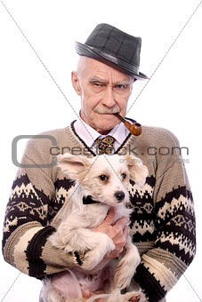 Cute grandpa with a dog sitting on his hands.