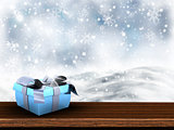 3D Christmas gift on wooden table with snowy background