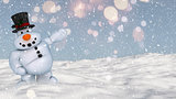 3D snowman in a snowy ground background