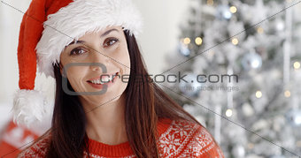 Smiling gorgeous young woman in a Santa hat
