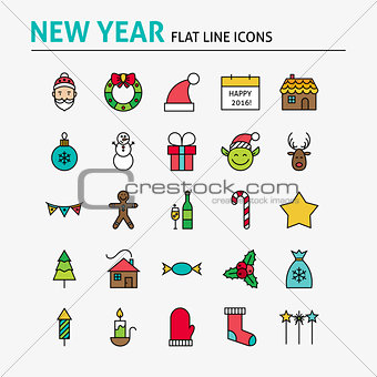 Happy New Year Colorful Flat Line Icons Set