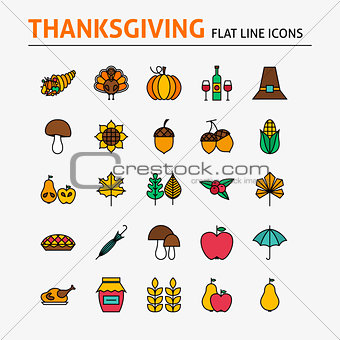 Thanksgiving Day Colorful Flat Line Icons Set