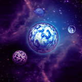 Purple space clouds and planets