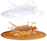 Hot caramel puddle. White milk splashes