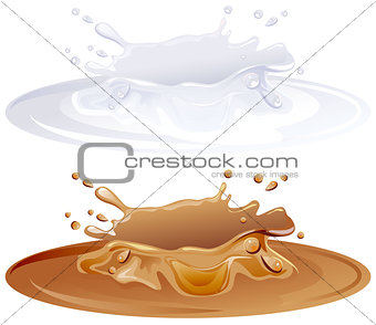 Hot caramel puddle. White milk splashes