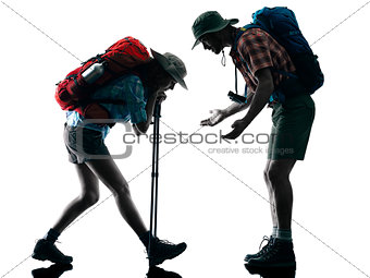 couple trekker trekking tired silhouette