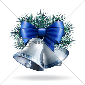 Silver bells with blue ribbon.
