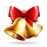 golden bells with a red bow