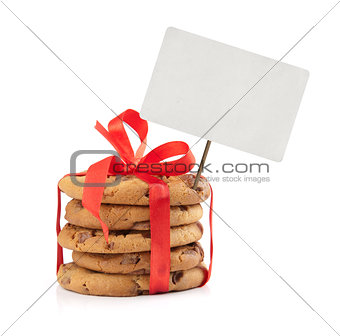 chocolate chip cookies and red ribbon with price tag