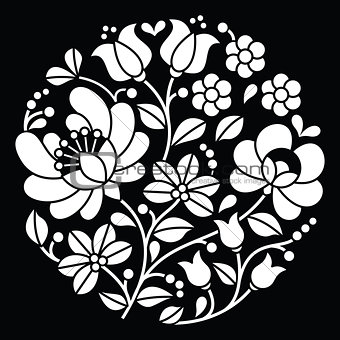 Kalocsai white embroidery - Hungarian round floral folk art pattern on black