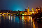 Evening over river Vltava near Charles bridge in Prague