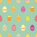 Tile vector pattern with easter eggs on mint blue and polka dots background