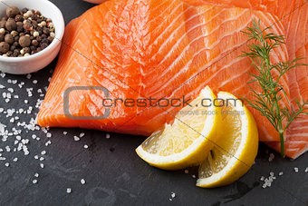 Salmon and spices on stone table
