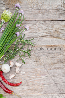 Fresh herbs and spices on garden table